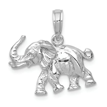 Rhodium Over 14k White Gold 3D Polished Elephant Pendant