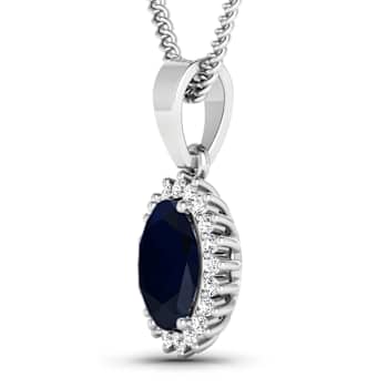 1.30ctw 14K White Gold Blue Sapphire and White Diamond Pendant with 18
inch Cable Chain
