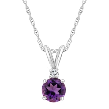 5mm Round Amethyst with Diamond Accent 14k White Gold Pendant With Chain