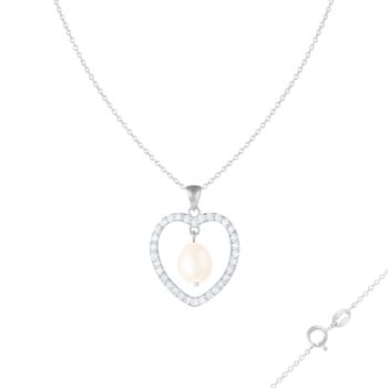 8-8.5mm White Cultured Freshwater Pearl Sterling Silver Pendant W/Chain