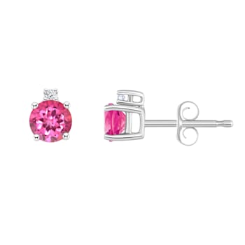 4mm Round Pink Topaz with Diamond Accents 14k White Gold Stud Earrings