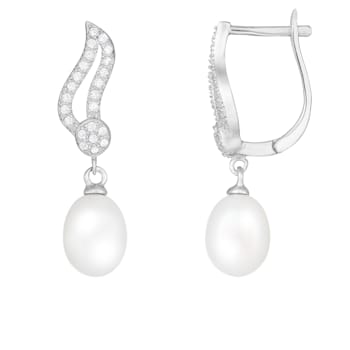 7-8mm White Cultured Freshwater Pearl and Cubic Zirconia Rhodium Over
Sterling Silver Earrings