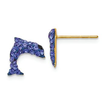 14k Yellow Gold 9mm Blue Crystal Dolphin Stud Earrings