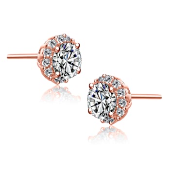 CZ Halo Stud Earrings In 18K Rose Gold Over Brass