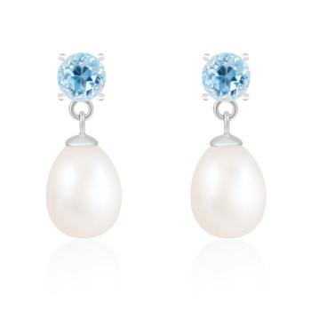 White Freshwater Pearl And Blue Topaz Dangle Earrings In Sterling Silver