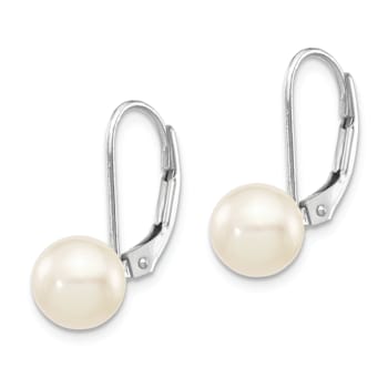 Rhodium Over 14K White Gold 7-8mm Round White Saltwater Akoya Pearl
Leverback Earrings