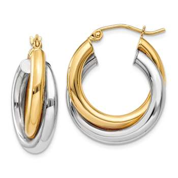 14k Yellow Gold and 14k White Gold Polished 9/16" Double Tube Hoop Earrings