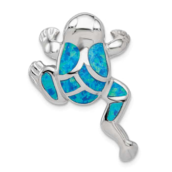 Rhodium Over Sterling Silver Lab Created Blue Opal Inlay Frog Slide Pendant