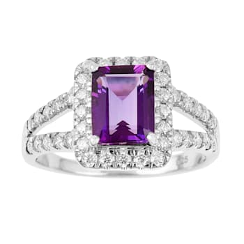 Amethyst with Moissanite Accents Rhodium Over Sterling Silver Split
Shank Ring