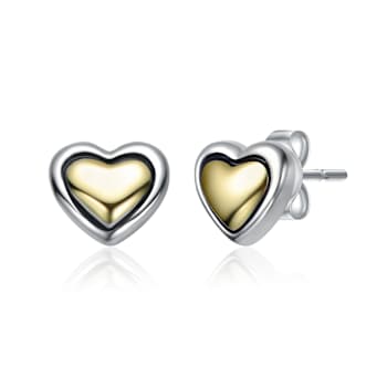 Sleek Heart Stud Earrings In Two-Tone Rhodium Over Brass