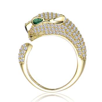 Emerald Color CZ Panther Head Open Design Ring In 14K Gold Over Brass