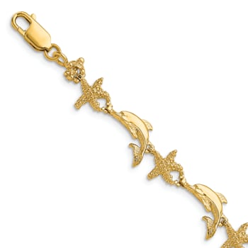 14k Yellow Gold Textured Dolphin and Starfish Link Bracelet