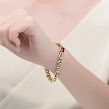Ruby Color CZ Halo Cluster Curb Chain Bracelet In 14K Gold Over Brass