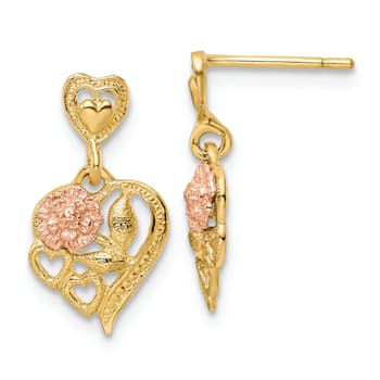 14K Yellow Gold and 14K Rose Gold Textured Heart with Flower Dangle Earrings