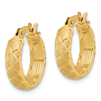 14k Yellow Gold Satin and Diamond-Cut 5/8" Criss Cross Hoop Earrings
