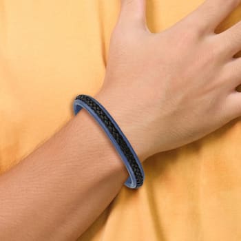 Black and Blue Faux Leather and Stainless Steel Polished 8.25-inch Bracelet