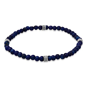 Blue Lapis Lazuli Beaded Stretch Bracelet In Sterling Silver