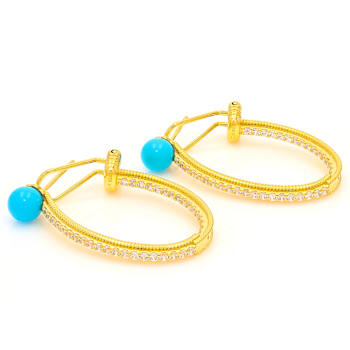 Pave White Zircon and Turquoise Hoop Earrings In 18K Gold Over Sterling
Silver 0.34ctw