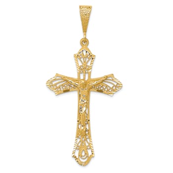 14k Yellow Gold Satin and Diamond-Cut Crucifix Pendant