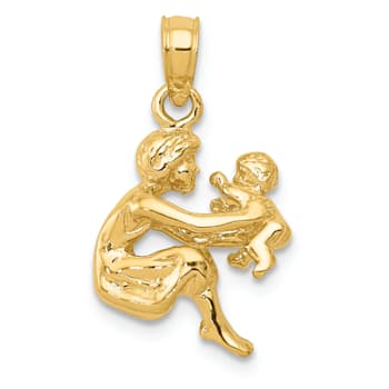 14k Yellow Gold 3D Textured Mother holding child Pendant