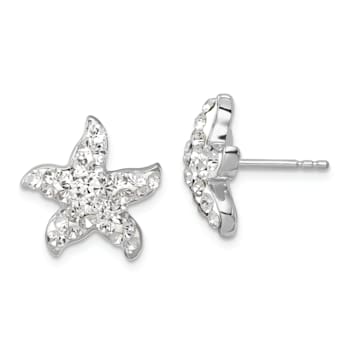 Rhodium Over Sterling Silver White Crystal Starfish Post Earrings