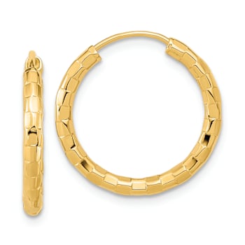14k Yellow Gold Polished and Textured 3/4" Faceted Hoop Earrings