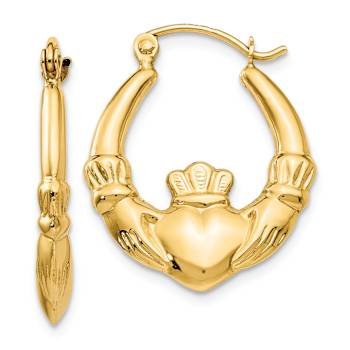 14k Yellow Gold 1/2" Polished Claddagh Hoop Earrings