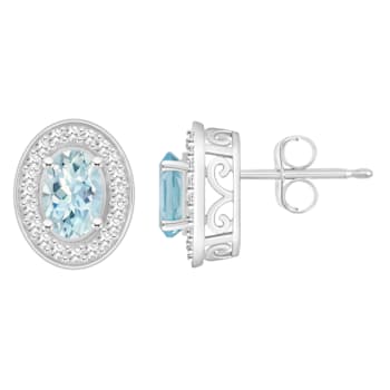 6x4mm Oval Aquamarine 1/5 ctw Diamond Rhodium Over Sterling Silver Halo
Stud Earrings