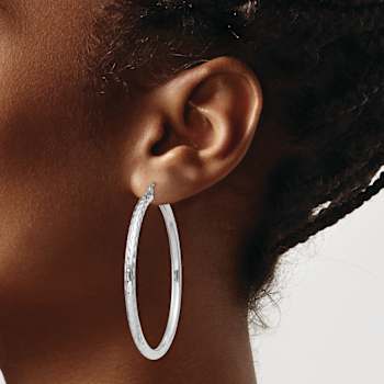 Rhodium Over Sterling Silver 3.00mm Diamond-cut Hoop Earrings