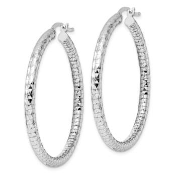 Rhodium Over Sterling Silver 3.00mm Diamond-cut Hoop Earrings