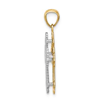 14K Two-tone Gold  Polished Filigree 2 Level Heart Cross Pendant