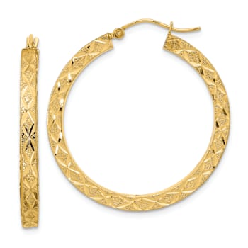 14k Yellow Gold Satin and Diamond-Cut 1 7/16" Hoop Earrings