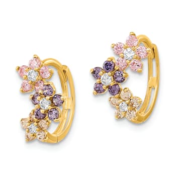 14K Yellow Gold Hinged Flower Multicolor Cubic Zirconia Hoop Earrings