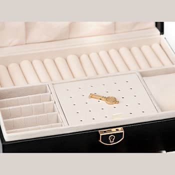 Lockable Black Faux Leather Jewelry Box with 2 Drawers and Lid Storage