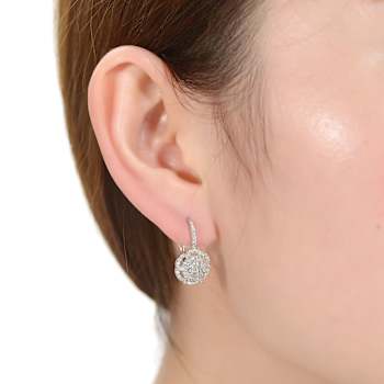 CZ Flower Cluster Halo Drop Earrings In White Rhodium Over Brass