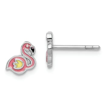 Rhodium Over Sterling Silver Childs Enamel Flamingo Post Earrings