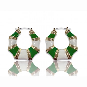 Gold Tone Green and White Enamel Earring
