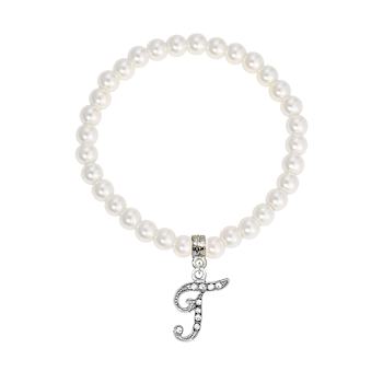 White Faux Pearl Bead Initial Charm Stretch Bracelet