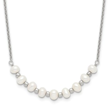 Rhodium Over Sterling Silver Beaded 3-4mm Freshwater Cultured Pearl
Curved Necklace