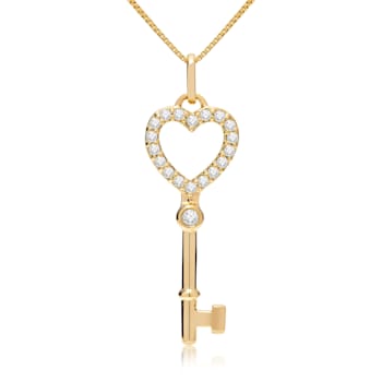 White Cubic Zirconia 14k Yellow Gold Key Pendant With Chain 0.20ctw