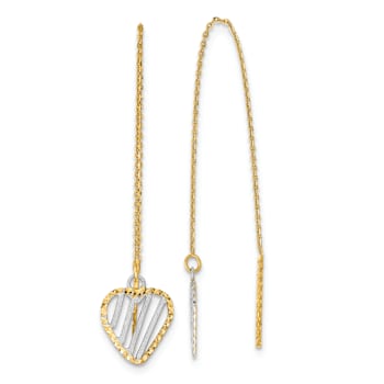 14k Yellow Gold and Rhodium Over 14k Yellow Gold Satin Diamond-Cut Heart
Dangle Threader Earrings