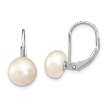 Rhodium Over Sterling Silver 8-9mm Button Freshwater Cultured Pearl
Leverback Earrings
