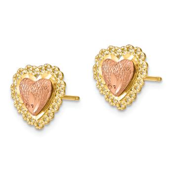 14k Two-tone Diamond-Cut Heart with Lace Trim Stud Earrings