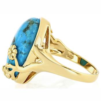 Turquoise Oval Ring With Flower Detail In 18K Gold Over Sterling Silver 18x13mm