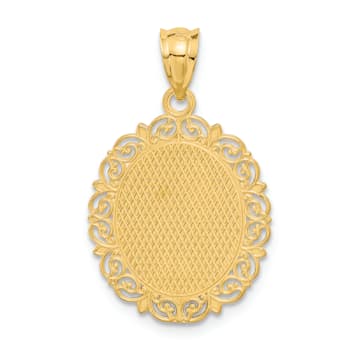 14k Yellow Gold Solid Satin, Polished and Textured Leo Zodiac Oval Pendant