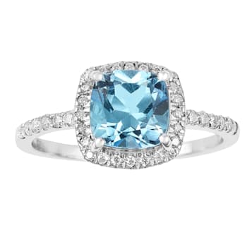 Cushion Swiss Blue Topaz with Moissanite Accents Rhodium Over Sterling
Silver Halo Ring 1.75ctw