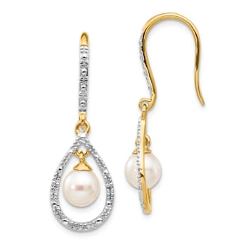 14K Yellow Gold 6-7mm White Round Freshwater Cultured Pearl 0.02ct.
Diamond Dangle Earrings