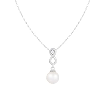 White Cultured Freshwater Pearl and Diamond 14K White Gold Pendant 8-8.5mm