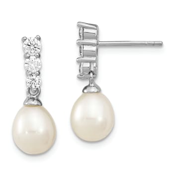 Rhodium Over Sterling Silver 7-8mm White Freshwater Cultured Pearl Cubic
Zirconia Post Earrings