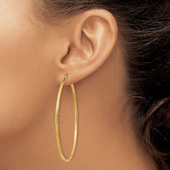 14k Yellow Gold 2 3/8" Satin and Diamond-Cut Round Tube Hoop Earrings